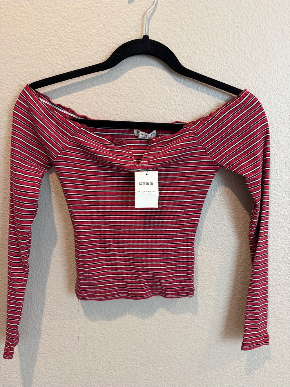 Cotton On Red and White Striped Off-Shoulder Long Sleeve Top
